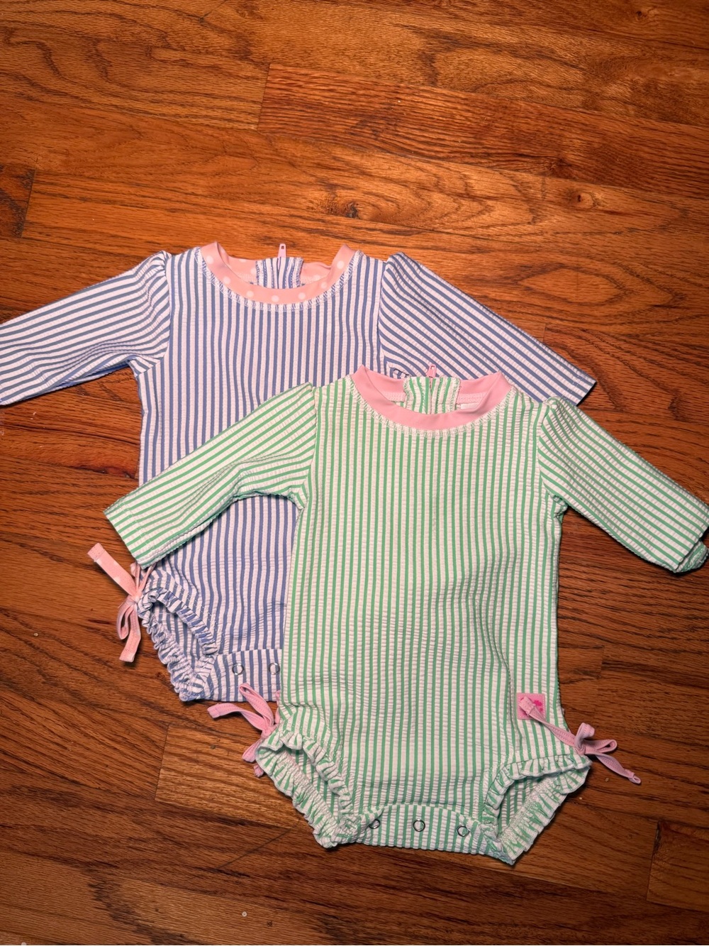 Ruffle Butts Pink-Trim Green & Blue Striped Long-Sleeve One-Piece
